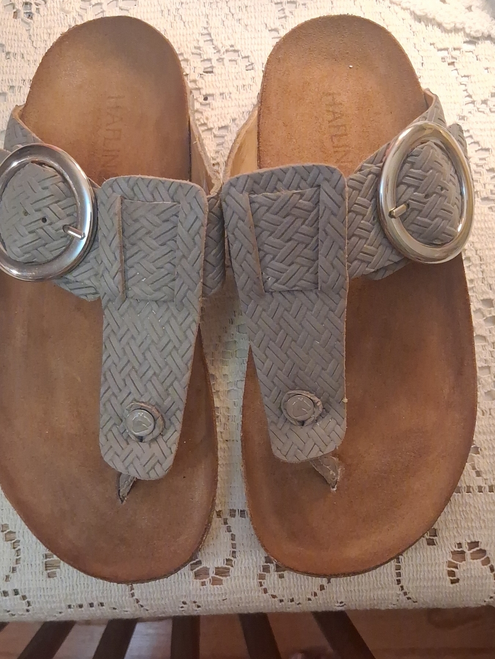 Women’s HAFLINGER Gray Braided Toe-Post Sandals Big Buckle 36